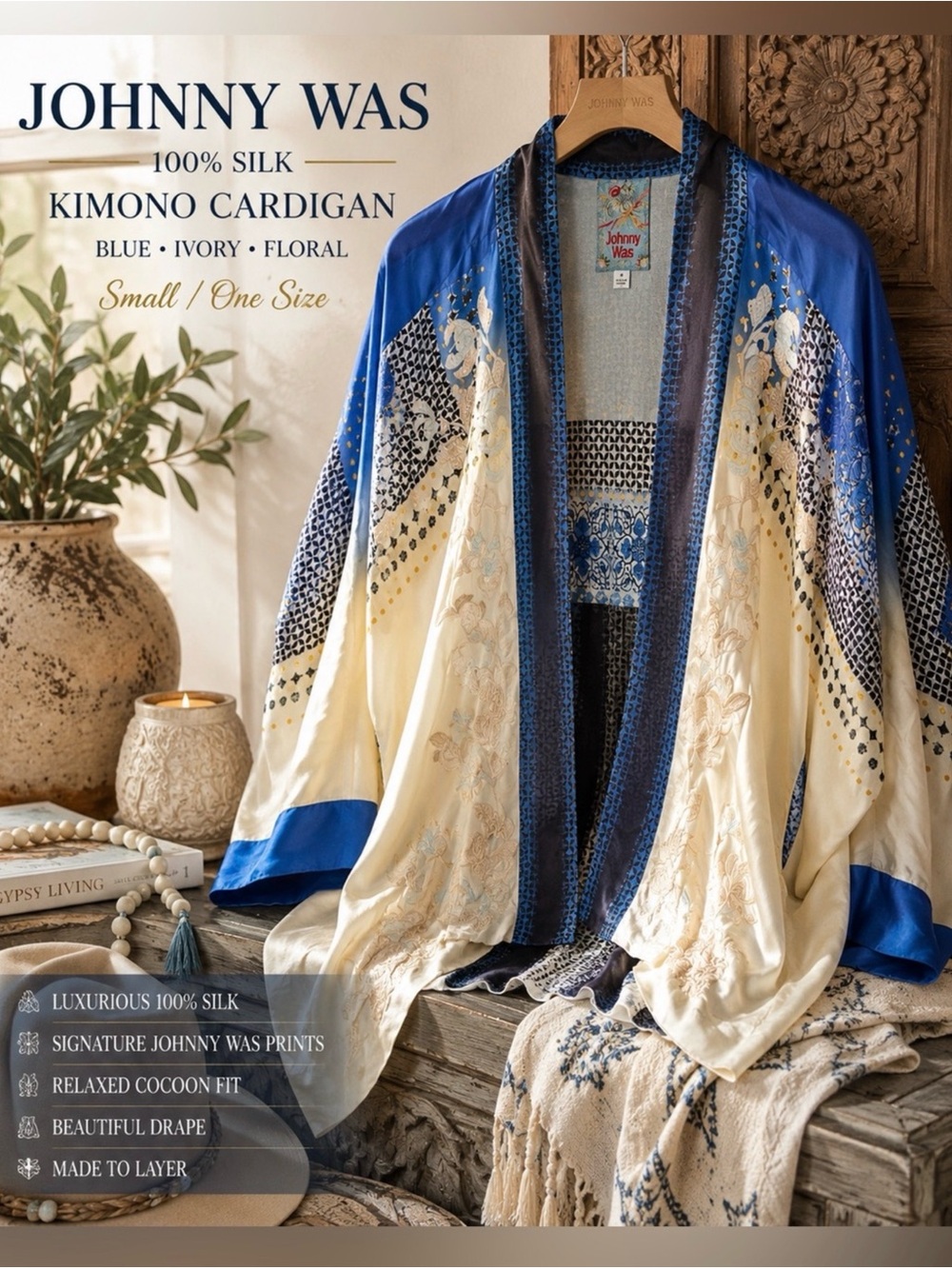 Johnny Was Blue & Ivory Floral Silk Kimono Cardigan
